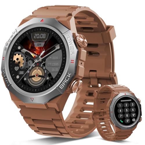 Atheewon Smartwatch Uomo Donna con Effettua o Risposta Chiamate, 1.39' Militare Orologio Smartwatch, Sonno Cardiofrequenzimetro, Marrone scuro