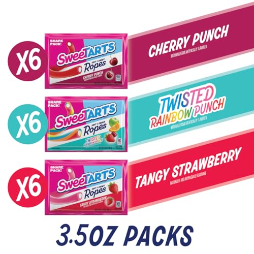 SweeTARTS Ropes Variety Box Candy, Soft & Chewy, 3.5 oz x 18 count (63 oz) | Cherry Punch, Twisted Rainbow Punch, Tangy Strawberry, individually wrapped 3.5 oz packs, sharing, party, bulk - image 2