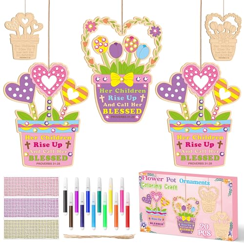 BeYumi Mother's Day Craft Kit - DIY Wooden Flower Pot Ornaments with Code