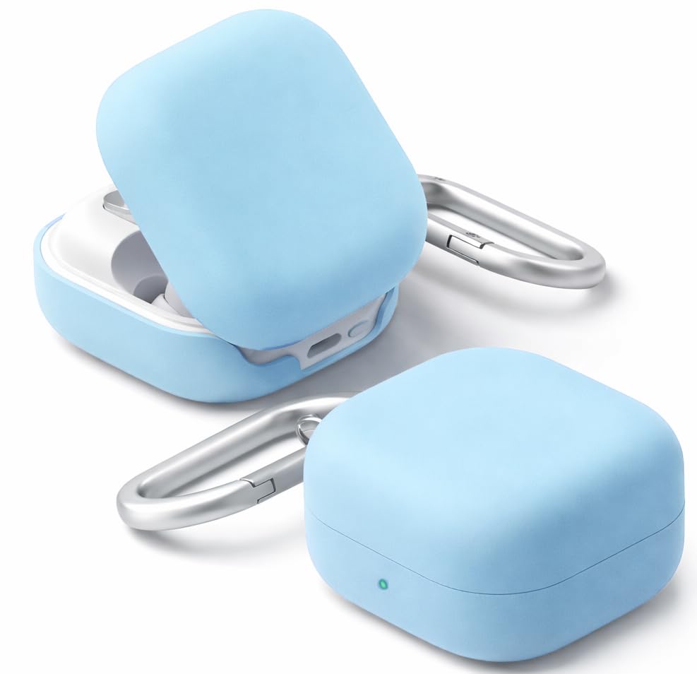 Image of Liquid Silicone Case Cover for Samsung Galaxy Buds 4 and 4 Pro with Heavy Duty Carabiner (Sky Blue, Silicone)