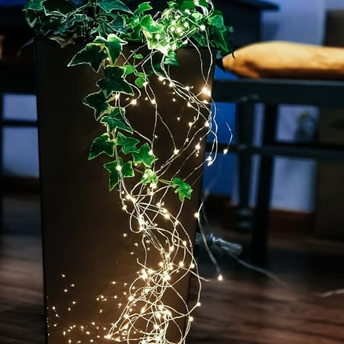 hellum Guirnalda de Navidad iluminada 5 m con 196 ledes de luz blanca cálida para exteriores, guirnalda de Navidad de 5 m con temporizador y transformador, iluminación para balcón, 12 hilos, cable de