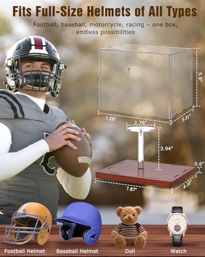Image of Fitense Mini Helmet Display Case - 7.1x5.3x5.9in Interior, 100% Wooden Base, Fits Football /Baseball Mini Helmets & Collectibles, High-Transparency Acrylic with UV Protection