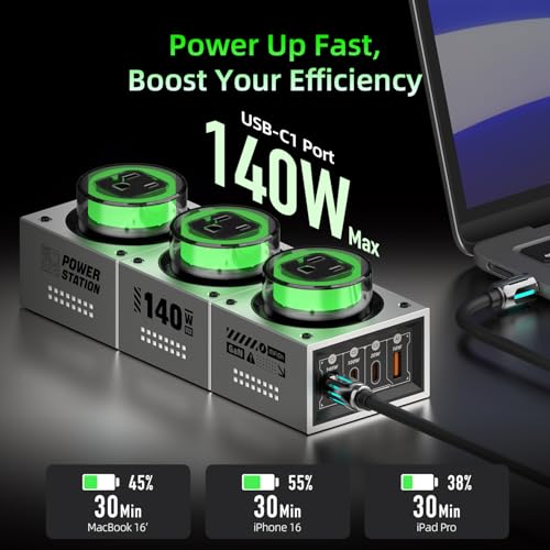 Image of MFish 140W GaN Desktop Charging Station - RGB Gaming Power Hub, 7-in-1 Multi-Device PD 3.1 Fast Charger (3 AC Outlets + 3 USB-C + 1 USB-A Ports) for MacBook Pro, Gaming Setup & Creator Workstation