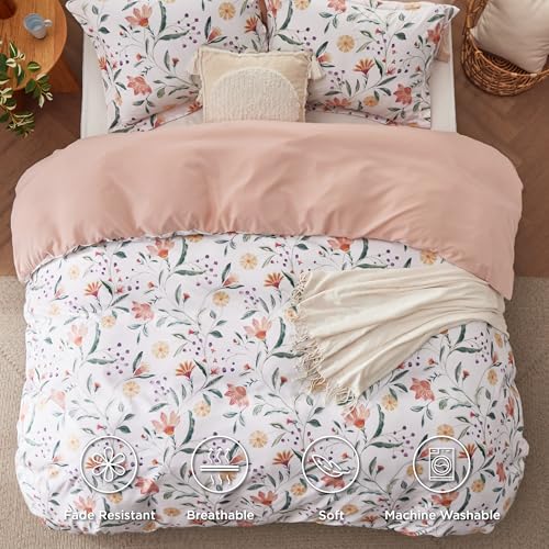 Image of Bedsure Duvet Cover Queen Size - Reversible Floral Duvet Cover Set with Zipper Closure, 3 Pieces Pale Blush Bedding Set with 8 Corner Ties and 2 Pillow Shams 20 inchx26 inch