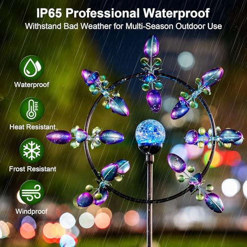 Image of Large Peacock Solar Wind Spinner Outdoor - Metal Kinetic Sculptures with Color-Changing Glass Ball, Dual Direction Spinning Garden Art Decor, Waterproof Lighted Windmills for Patio, Yard, Lawn