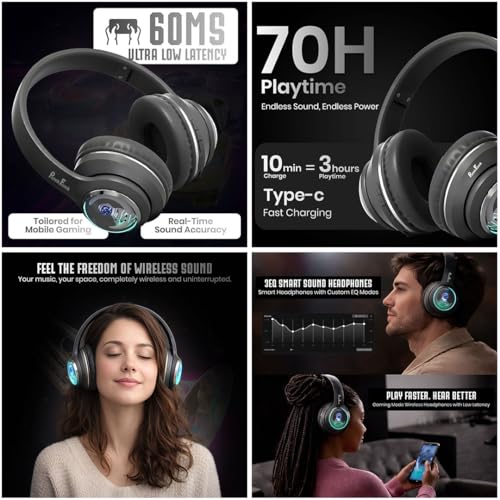 Image of PunnkFunnk Astro Junior Wireless Bluetooth Headphones with BT 5.3, Noise Cancelling, Hi-Res Audio, 40mm Drivers, Deep Bass, Memory Foam Ear Cushions, Over-Ear Headset for Kids, Teens & Adults (Black)