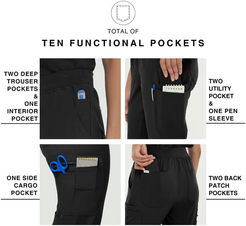 Kitmaz Scrub Pants for Women, Mid Rise Stretch Anti-Wrinkle Skinny Straight Leg Cargo Pants with Yoga Waistband & 10 Pockets - Image 4