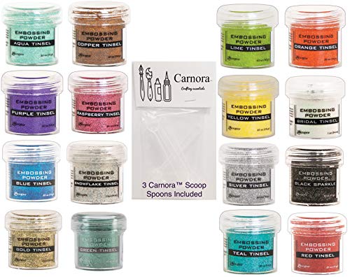 Ranger Tinsel/Sparkle Embossing Powders, 16 Jars, Raspberry, Red, Black, Orange, Yellow, Lime, Green, Aqua, Teal, Blue, Purple, Copper, Gold, Silver, Snowflake, Bridal Plus 3 Carnoras Scoop Spoons