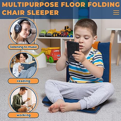 Image of 2 Pcs Floor Chair with Back Support Padded Floor Seating Portable Floor Seat Meditation Cushion Adjustable Fully Folding Backrest for Adult Kid Gaming Linen Washable Cover, Nylon Bottom (Blue, Khaki)