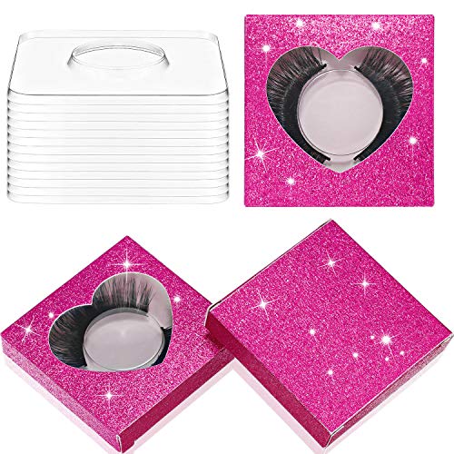 50 Set False Eyelash Packaging Box, Include 50 Empty Eyelash Case Glitter Paper Heart Shape Plastic Eyelash Storage Box False Lash Holder Storage Box with 50 Lash Tray, 50 Glitter Paper (Rose Red)