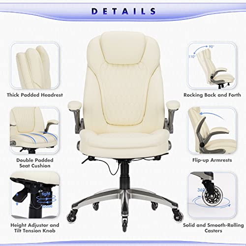 Image of COLAMY Ergonomic Office Chair, Set of 2 Boxes, High Back Leather Desk Chair with Flip-up Arms, Adjustable Height & Rocking Function, Silent Wheels, Ivory Executive Computer Chair, 300lbs Capacity