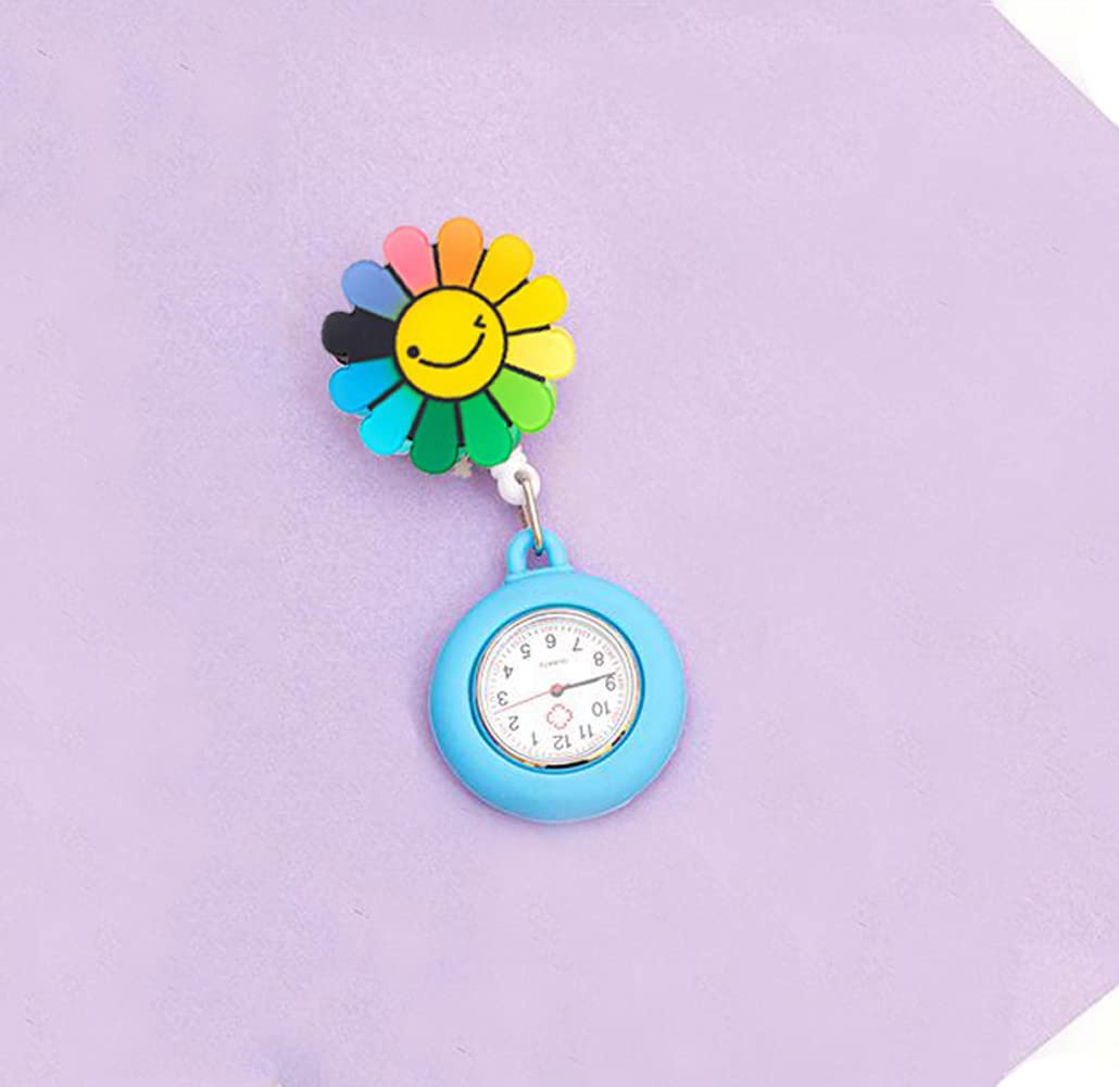 ZOVEDAIUG Retractable Nurse Watch Portable Pocket Watch Clip On Watch Cute Sunflower Quartz Watch with Second Hand for Doctor Black (Blue Smiley Flower)