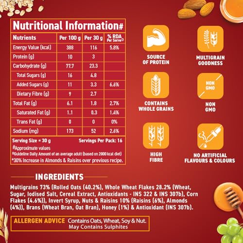 Image of Bagrry's Crunchy Muesli - 1.5kg | 83% Multigrain, Brans, Almonds, Raisins & Honey | 40% Fibre Rich Oats | High Fibre and Protein Breakfast Cereal | No Added Preservatives | Non-GMO Oats | 100% Natural | Trans Fat & Cholesterol Free