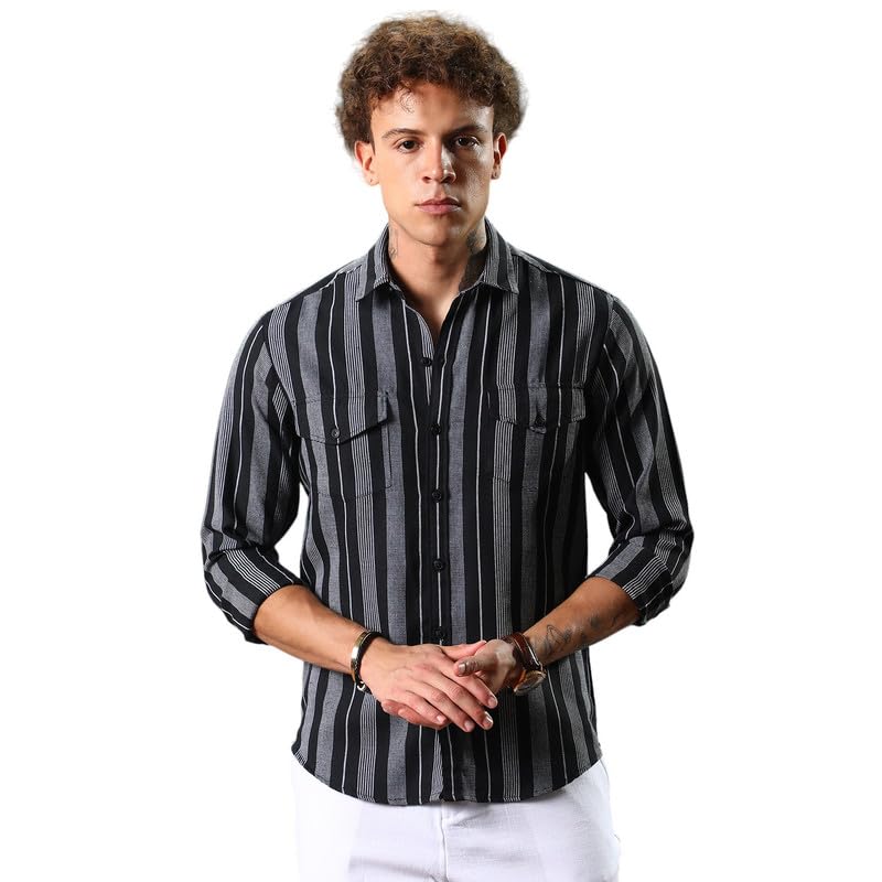 Image of CAHOOT Men's Hexagon-Lined Shirt | Casual Wear | Spread Collar | Long Sleeve | Button Closure | Shirt Crafted with Comfort Fit for Everyday Wear