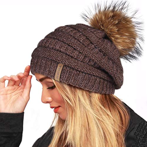 Winter Real Fur Pom Beanie Hat Warm Oversized Chunky Cable Knit Slouch Beanie Hats for Women (One Size, Coffee)