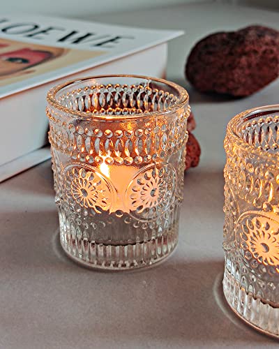 WDHODEC Clear Glass Votive Candle Holders Amber Set of 12, Fall Tea Light Candle Holder for Wedding Table, Votives for Birthday Party Decor
