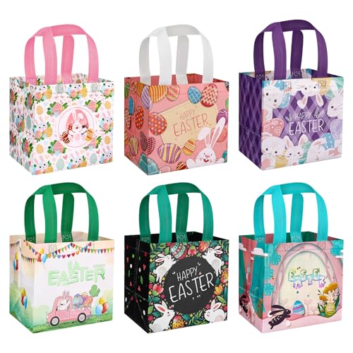 ITClosud 6 Stück Ostereiersuche-Taschen, Wiederverwendbare Ostergeschenktüten mit Griffen, Oster Tragetasche für Verpacken von Geschenken, Partyzubehör, Eiersuche, 6 Designs, 20 x 20 x 15 cm