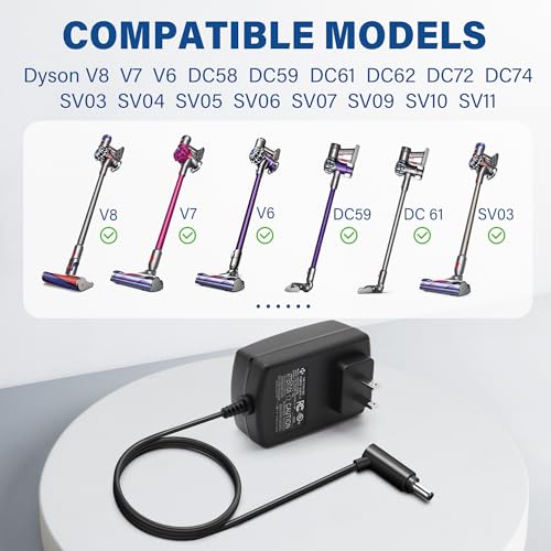 Image of Charger for Dyson Cordless Vacuum, V6 V7 V8 DC58 DC59 DC61 DC62 SV03 SV04 SV05 SV06 Absolute Animal Fluffy Motorhead Vacuum Power Supply, 26V 0.78A AC DC Adapter, UL Listed, 6FT Power Cord