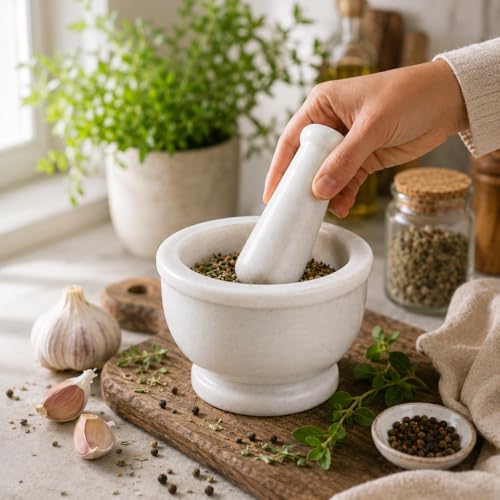 Image of Natural White Marble Mortar and Pestle Set, Solid Stone Grinding Bowl Natural, Heavy, Non-Porous Tool Imam Dasta, Ohkli Musal, Kharal /Khalbatta or Mixer and Grinder Set for Kitchen -3 X 2 Inch (White)