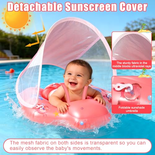Miniatura 2 de Pqetbv Flotador De Bebe Inflable Para 3-36 Meses, Flotador Bebe Con Sombrilla Y Asiento De Seguridad, Banda De Natación Para Bebés, Protección Uv Upf 50 , Adecuado Bebe Para 5-15 Kg Rosa