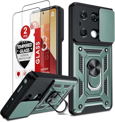 LeYi Funda para Xiaomi Redmi Note 13 Pro 4G/Poco M6 Pro 4G（No para 5G con [2-Unidades] Cristal Vidrio Templado, Carcasa Cubierta de cámara Deslizante Proteger Anillo Soporte Silicona Case, Verde