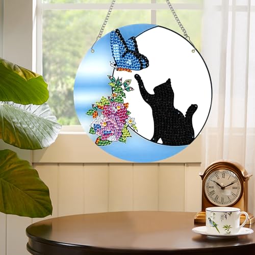 Image of AiYuanzsh Diamond Painting Hanging Pendant Kit for Adults, Crystal Rhinestone Cat & Butterfly Diamond Art Suncatcher Ornament for Door, Wall, Window, Home Decor