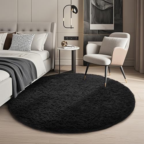 Ophanie Round Rug 4Ft Black Circle Area Rug Room Decor for Men Fluffy Fuzzy Bedroom Carpet Plush Soft Shaggy Living Room Rugs for Kids Home Aesthetic Nursery