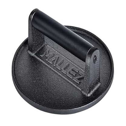 Mallez Burgerpresse aus Gusseisen, 16 cm, rund, robust, mit schwarzem Holzgriff, für Hamburger, Grill, Sandwich, Antihaft-Pfanne, BBQ