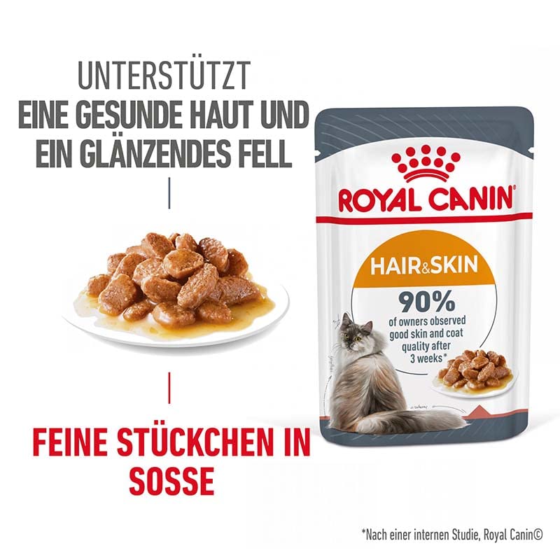Royal Canin Hair & Skin Care Gravy | Doppelpack | 2 x 12 x 85g | Alleinfuttermittel für ausgewachsene Katzen | Feine Stückchen in Soße | Kann zu einem gesundes Fell beitragen