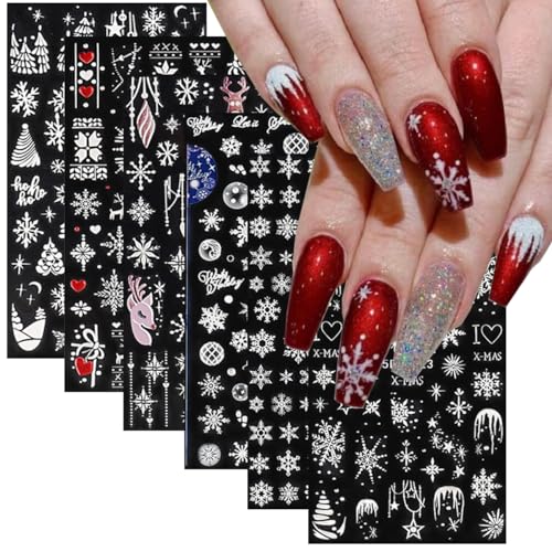 5D Embossed White Snowflake Nail Art Stickers,6 Sheets Engraved Snowflakes Nail Decals Tree Elk Xmas Winter Nail Art Accessories Christmas Nail Designs Adhesive Holiday Nail Sticker for Women Girls