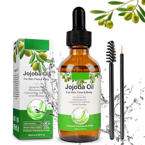 Olio di Jojoba Biologico 60ml - Olio essenziale, 100% Puro, Naturale e Pressato a Freddo - Viso, Corpo, Capelli, Barba, Unghie, Jojoba Oil - Bottiglia di Vetro + Pipetta + Pompa (Jojoba Oil)