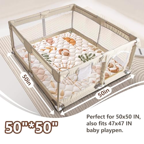 Beavtaens Baby Play Mat, 50x50 Playpen Mat with Super Soft Touch, Activity Mat with Upgraded Anti-Slip Bottom, Machine Washable Crawling Mat for Floor & Picnic(Boho Nature) - Thumbnail 2