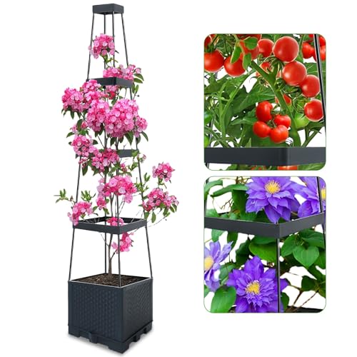 Self-Watering Tomato Planter Cage Adjustable Raised Garden Bed Support Box with 4-Tier Metal Trellis Detachable Planting Trellis Pot for Climbing Vegetables, Tomatoes, Cucumbers, Vertical Plants 2Pack