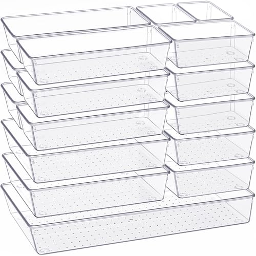 Image of Criusia Drawer Organizer, 18 Pack Large Clear Plastic Kitchen Drawer Organizers Set, 6 Size Versatile Bathroom and Vanity Drawer Organizer Trays, Storage Bins for Makeup, Bedroom, Kitchen Utensils
