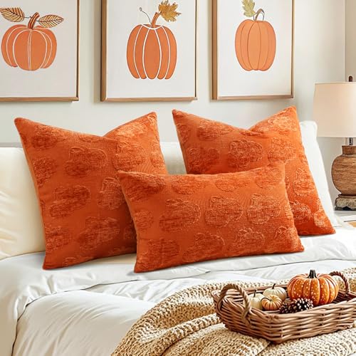 Image of decorUhome Decorative Two Rust Pumpkins Thanksgiving Throw Pillow Covers 18x18 Set of 2, Soft Chenille Jacquard Farmhouse Textured Pillow Covers for Couch Bed Sofa Autumn Harvest Halloween Holiday