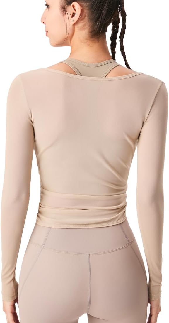 Harssidanzar Yoga Two-Piece Set Long Sleeve for Women Mesh Gym Athletic Tops Workout Shirts with Sports Bra CL306US