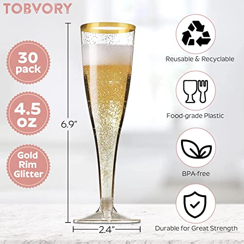 30 Pack Plastic Champagne Flutes - 4.5 oz Reusable & Recyclable Food Grade Champagne Flutes Plastic, Disposable BPA-Free Plastic Champagne Glasses, Mimosa Glasses for Wedding Parties -Gold Rim Glitter - Thumbnail 2