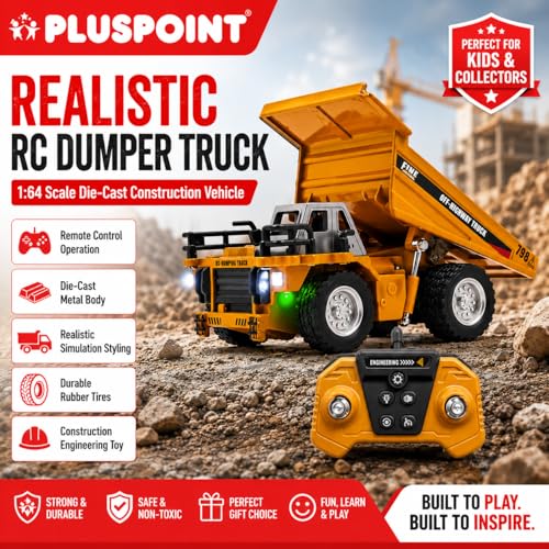 Image of PLUSPOINT Mini RC Dumper Truck for Kids - 1:64 Scale Die-Cast Metal Construction Vehicle with Remote Control, Realistic Simulation Styling & Durable Rubber Tires