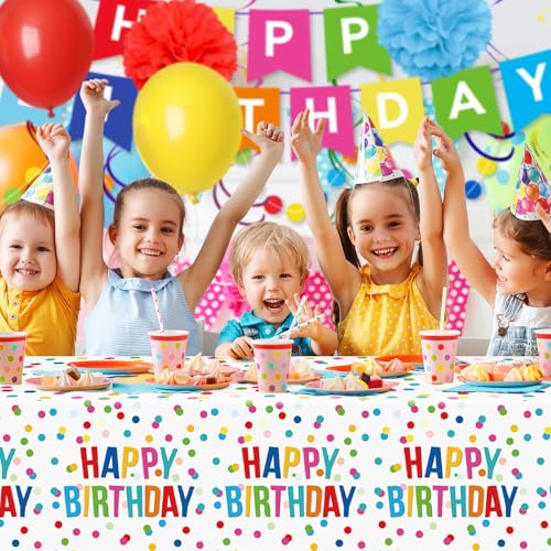 Image of Miucat 3pcs Birthday Tablecloth, Happy Birthday Decorations Set, Colorful Rainbow Dots Design with Happy Birthday Tablecloth. Waterproof Plastic Table Covers for Boys /Girls Party 54X108inch