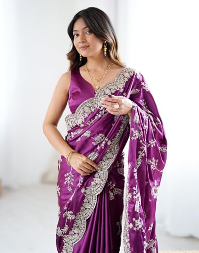 Image of SIRIL Women's Satin Embroidery And Scalloped Border Saree With Unstitched Blouse Piece