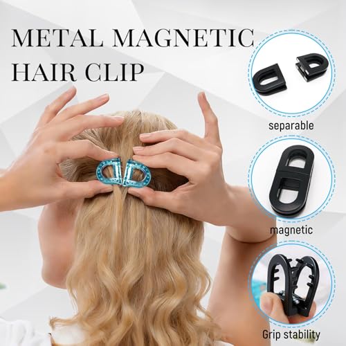 Image of 2 Pcs Hair Clutchers for Women, Magnetic Hair Clip, 2-in-1 Section Clips for Hair Styling, Daily Use and Professional Salon Clutcher Hair Accessories, Black Brown Print Hair Claw Clips (Checkered Pattern And Blue)