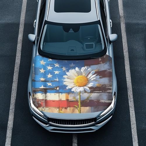 Image of Daisy American Flag Car Hood Cover, Removable Watercolor American Flag Flower Automotive Exterior Accessories Washable Elastic Car Bonnet All-Season Protection