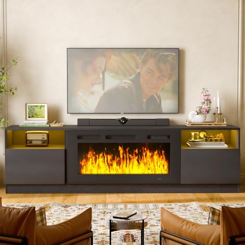 Image of MXV 80 inch Fireplace TV Stand for TVs Up to 90 inch, LED Light Entertainment Center with 36 inch Electric Fireplace, Modern Wood Texture TV Media Console with Highlight Storage Cabinet, Black+Black