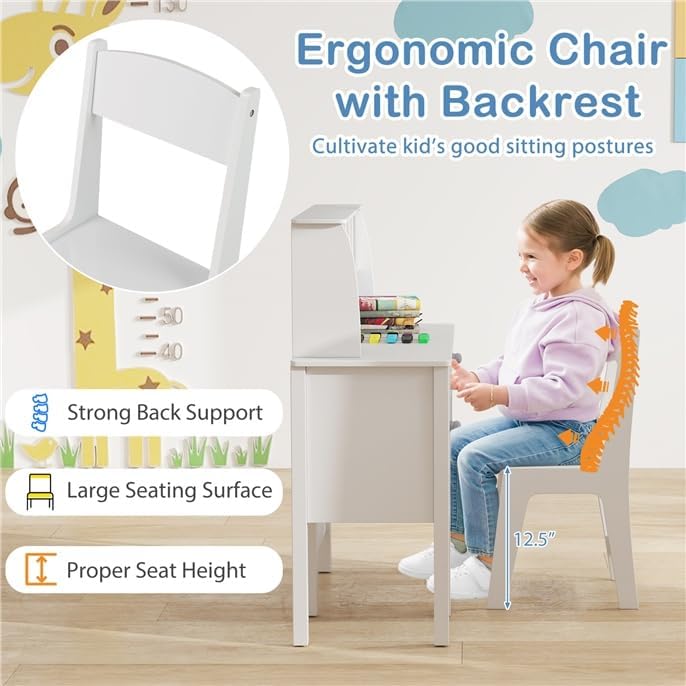 GLACER Kids Desk and Chair Set, Wooden Children Study Table with Hutch, Shelves, Storage Cabinet and Drawer for Writing, Reading, Drawing, School Student Desk for Bedroom, 3+ Years Old (White)