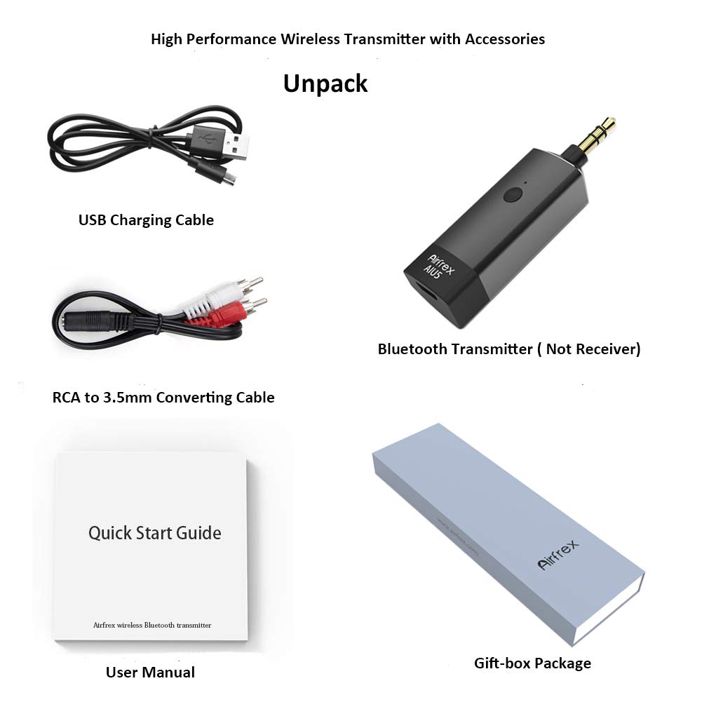 Trasmettitore Bluetooth Airfrex compatibile con cuffie Bluetooth e altoparlante Bluetooth/ricevitore Bluetooth, funziona con MP3 / Walkman / PS4 / Nintendo Switch e altri lettori musicali