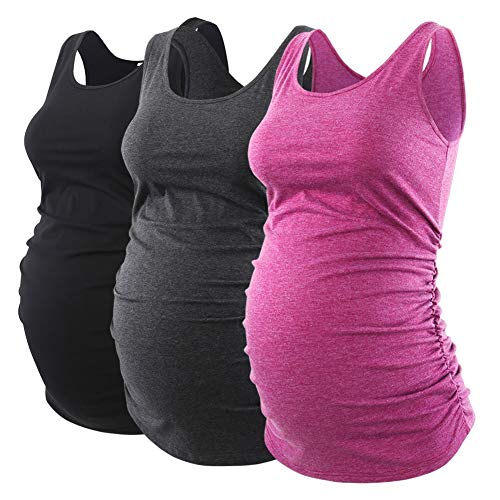 Ecavus 3PCS Womens Layering Maternity Tank Top Pregnancy Shirt Scoop Neck Sleeveless Ruched Vest
