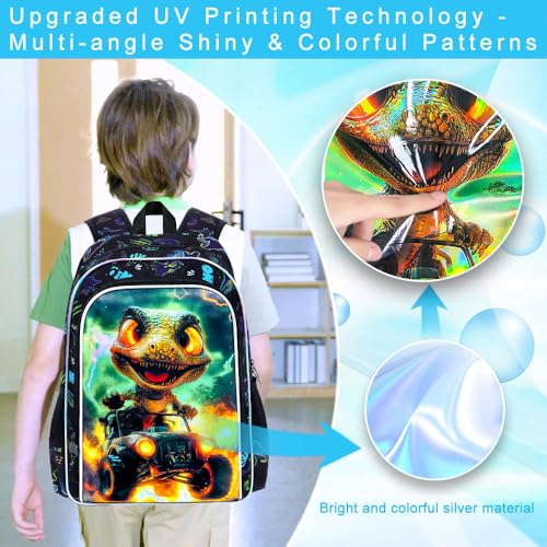 Image of 16 inch Dinosaur Backpack, Boys Kids Bookbag with Lunch Box, 3Pcs Dino Truck School Backpacks for Elementary Preschool Kindergarten (Black)