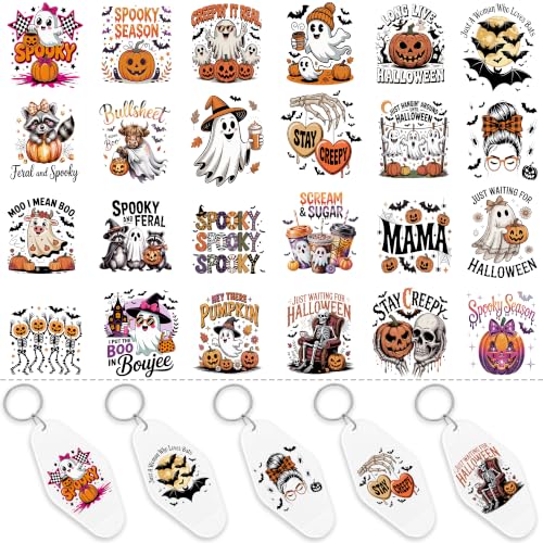 Azhieni 96PCS Halloween UV DTF Motel Keychain Stickers, Retro Halloween Designs Motel Keychain Decals, Waterproof UV DTF Transfer Stickers for Hotel Keychain, Gift Tags and DIY Crafts