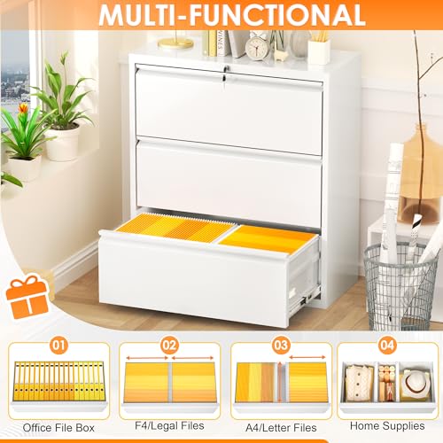 Intergreat White 3 Drawer Lateral File Cabinet With Lock, Lateral Filing Cabinet For Legal/Letter A4 Size, Locking File Cabinet For Home Office thumb #3