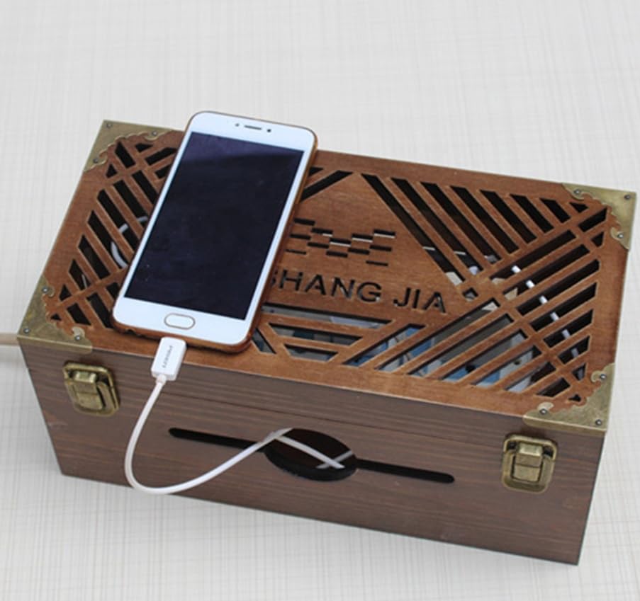 Luminexia Kabelkanal Box,Steckdosenbox Kabelsammler,Massivholz Schreibtisch Aufbewahrungsbox Kabelmanagement Box Holzregal Eckregal Kupfer Muster Dekor Mit Schloss BüRo Holz Schreibtisch Organizer